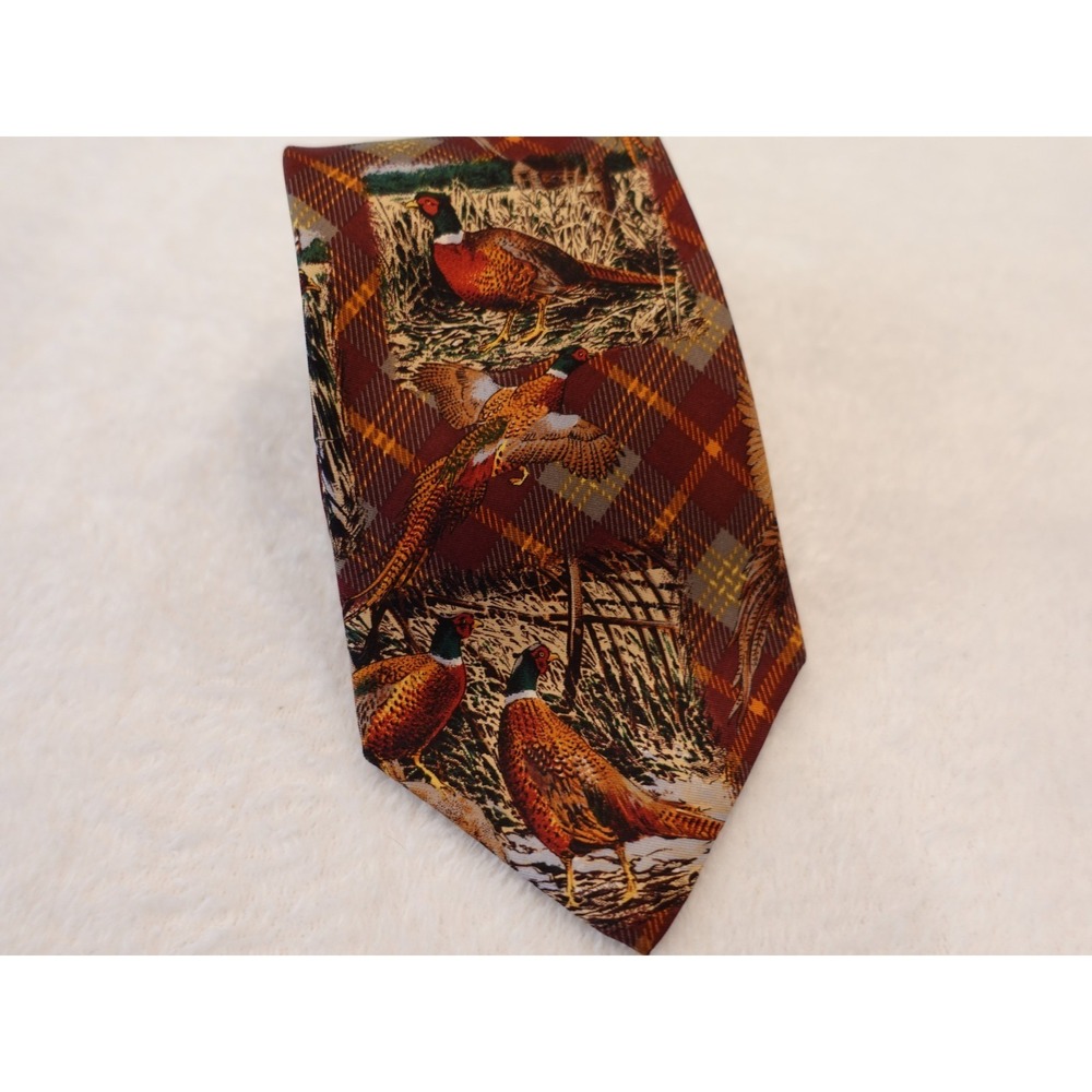 Lands' End Pheasant Hunting Tie X Long Silk Brown Golden Green Red Plaid USA 90s